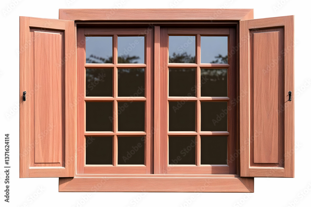 Photo of Wooden Window Frame with Open Shutters and Clear Glass Isolated Photo of Wooden Window Frame with Open Shutters and Clear Glass Isolated