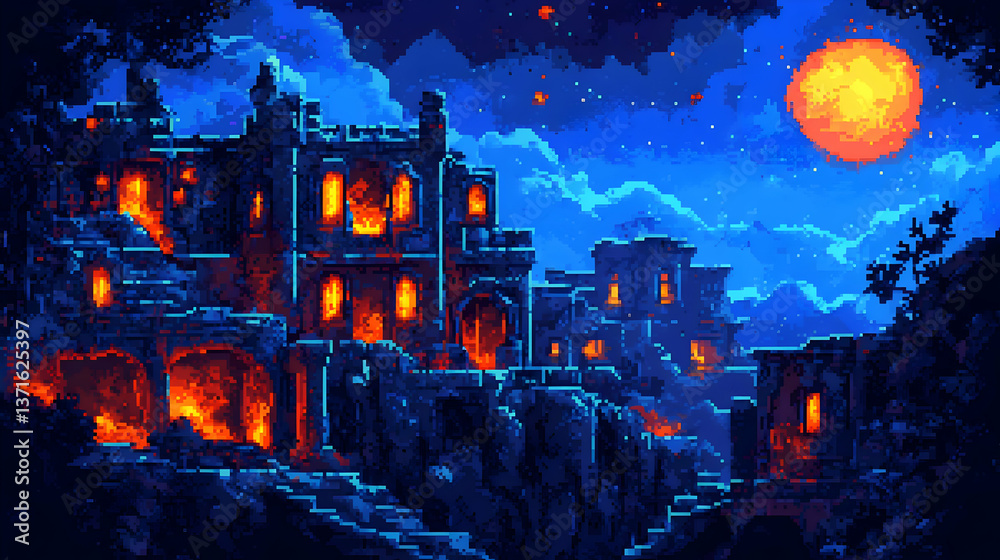Obraz premium Pixel Art Dark Blue Night Sky Featuring Glowing Orange Moon Over Medieval Castle on Cliffside Landscape