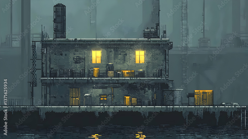 Fototapeta premium Pixel Art Depiction of an Industrial Building at Night Reflecting on Water under Misty Weather Conditions