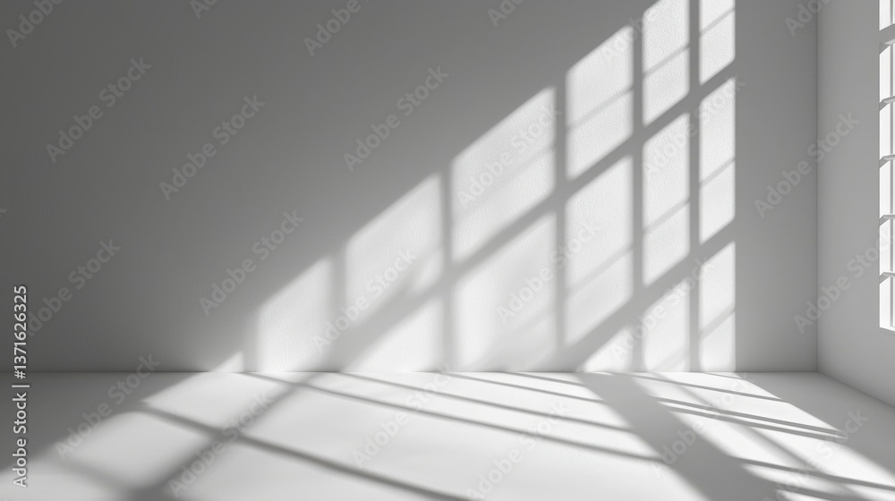Fototapeta premium Minimalistic abstract light gray background for product presentation with light and intricate shadow from window on wall.