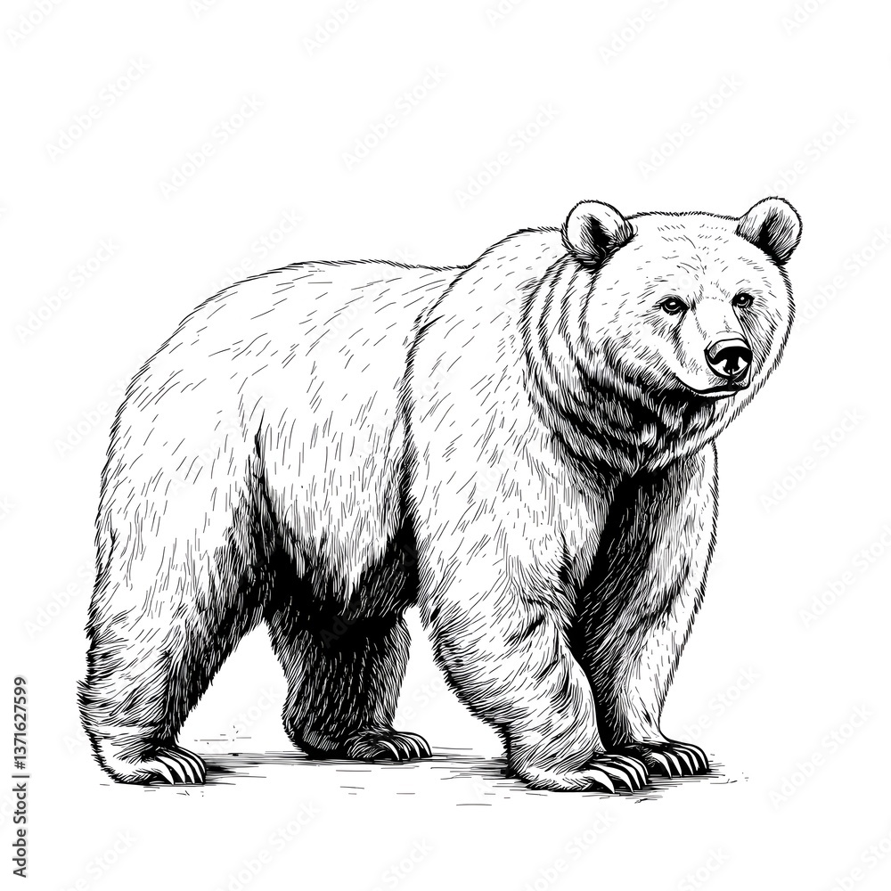 Obraz premium A majestic brown bear stands proudly in a detailed hand-drawn illustration showcasing its powerful physique and intense gaze.
