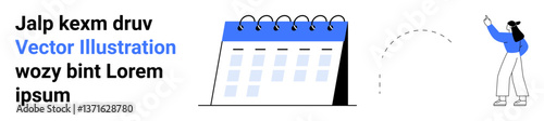 Calendar with spiral binding next to a woman pointing towards it, dotted path symbolizing planning. Ideal for time management, team collaboration, project scheduling, education, productivity, goal
