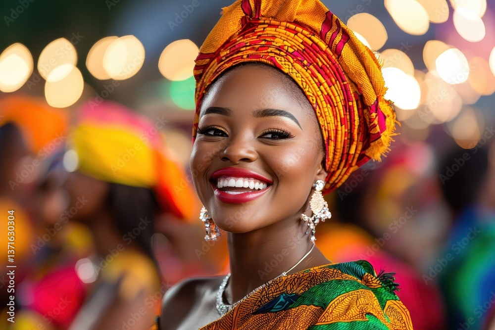 Fototapeta premium Radiant woman in traditional African attire smiles brightly at a lively cultural celebration. Beauty and joy.