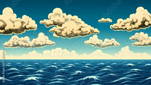Pixelated Sky Over Pixelated Ocean With Cumulus Clouds a Photo