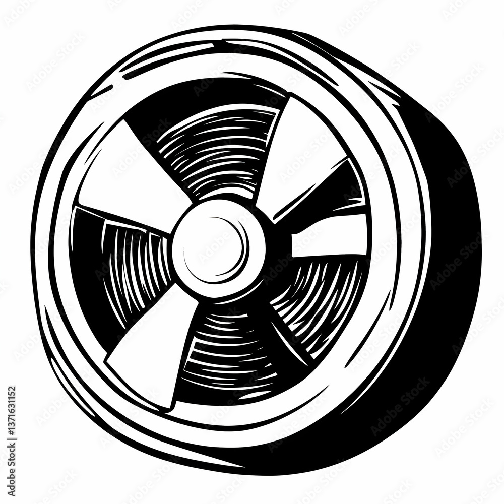 Obraz premium Wheel Illustration in Black and White with Radial Design on White