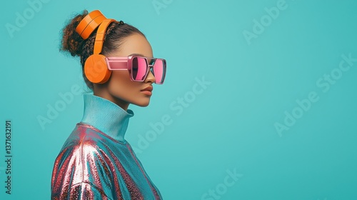 Stylish woman in profile view, wearing oversized sunglasses and vibrant headphones