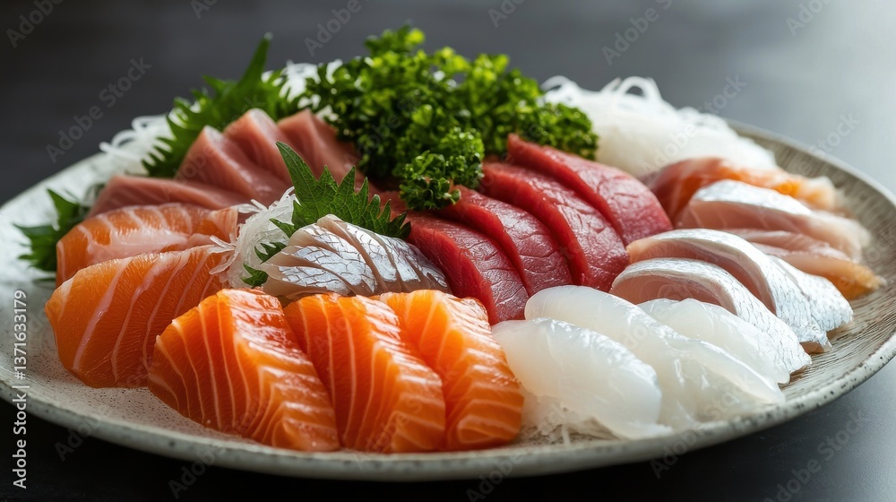 sashimi set with different fresh fish sliced on plate. sashimi set with different fresh fish sliced on plate.