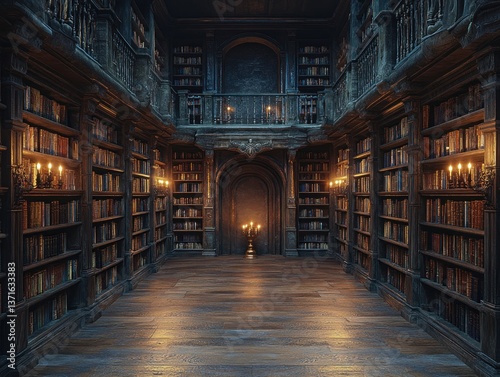 Mystical ancient library with wooden bookshelves filled with old books illuminated by warm candlelight in medieval fantasy art style