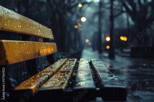 Empty wooden bench in park at night under streetlight with raindrops