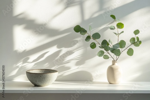 White wall with ceramic bowl and vase with single branch in minimalist sunlight decor