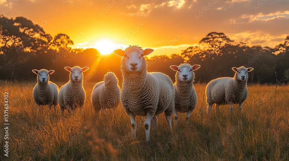 Fototapeta premium Seven sheep graze in a golden meadow at sunset, a serene pastoral scene.