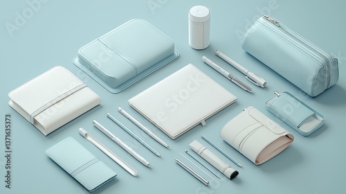 A collection of stylish stationery and office supplies displayed on a light blue background, featuring notebooks, pens, and pouches in soothing colors.