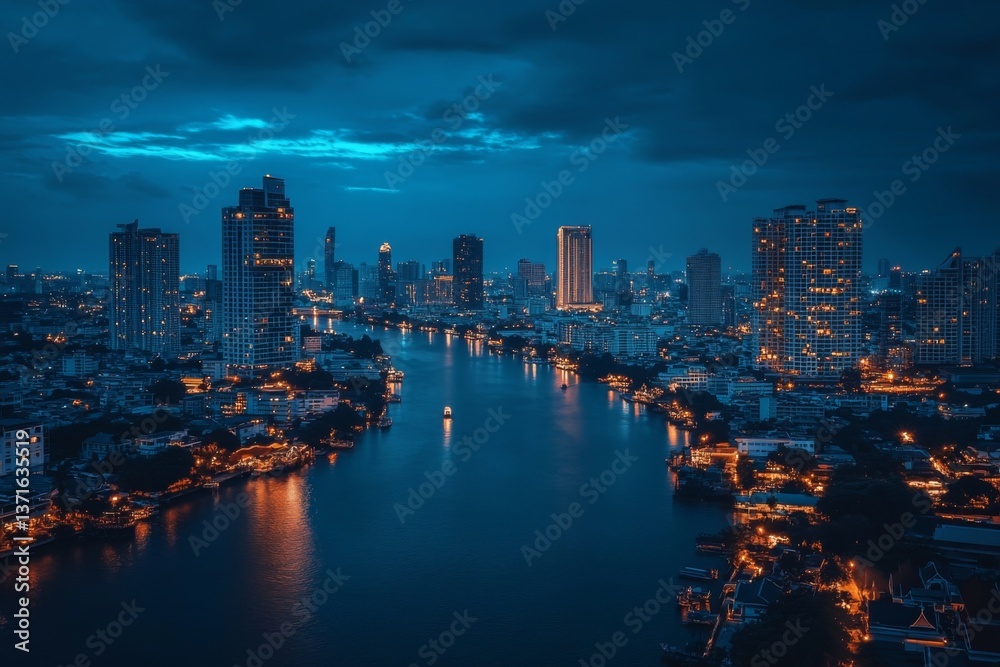 Aerial view of coastal city with lights reflecting on water during blue hour Aerial view of coastal city with lights reflecting on water during blue hour