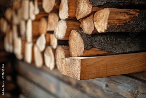 Stacked firewood logs arranged neatly in rustic wooden shed interior