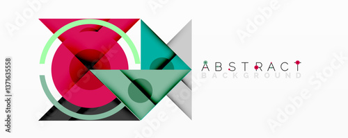 Geometric abstract design with layered triangles, circles, and gradients, forming a structured pattern with sharp contrasts and depth