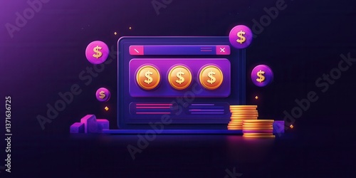 A vibrant illustration of a digital slot machine with dollar signs and coins, representing online gaming and financial themes in a colorful, modern design.