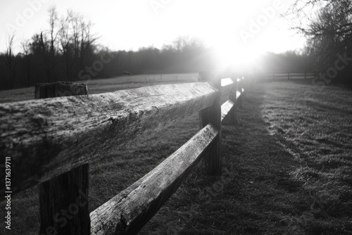 Black and white morning landscape with a wooden fence and rising sun photo