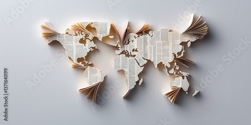 World map made from book pages, representing global knowledge, travel, and the power of reading and learning.