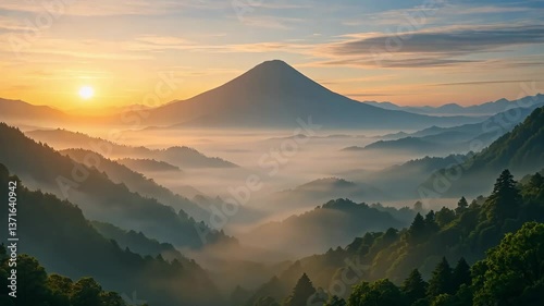 Sunrise and Sunset Over Mountain Peaks with Clouds and Mist