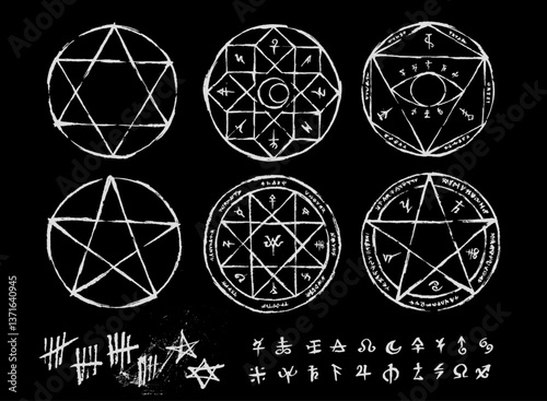 Hand drawn Witchcraft magic circle collection. - Pentagram, Ritual circle, Emblems and sigil occult symbols. - Bloody style for horror game art. - Halloween concept.