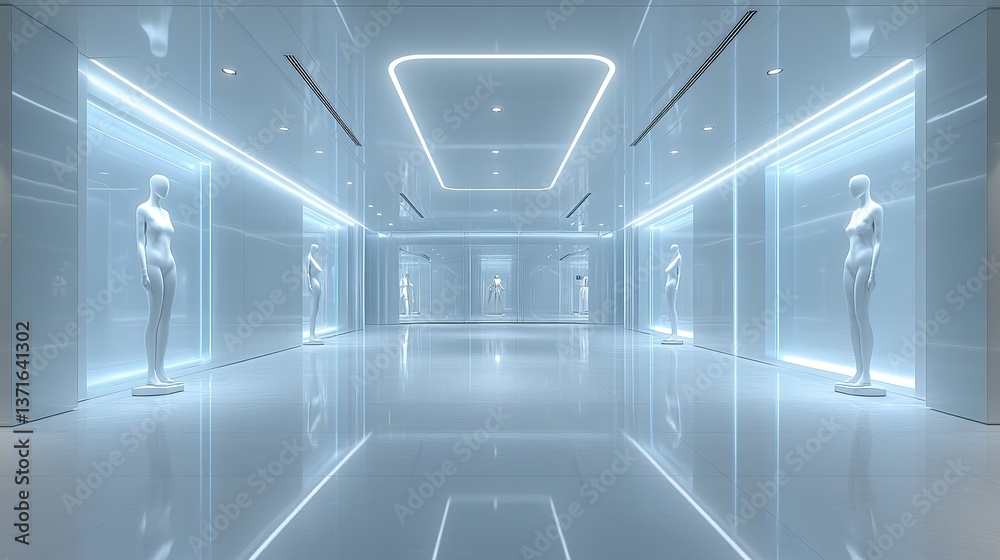 Obraz premium Six white headless mannequins stand in an empty retail store, potentially showcasing upcoming fashion trends under bright modern lighting.