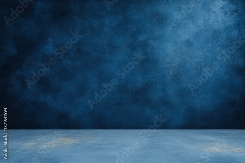 Minimalist Blue Studio Background with Concrete Floor and Soft Light for Product Display and Text Present on Wall