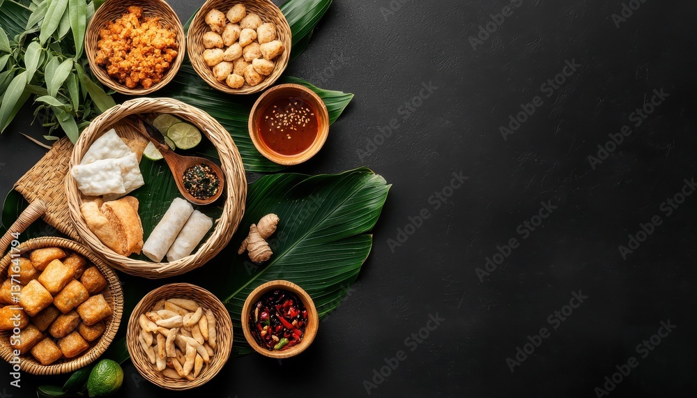 Diverse Southeast Asian snacks and condiments elegantly arranged on a dark surface with tropical foliage. Diverse Southeast Asian snacks and condiments elegantly arranged on a dark surface with tropical foliage.