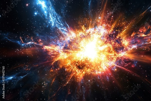 an antimatter explosion in deep space, projecting a stunning array of gamma-ray bursts, their light distorting the Appearance of stellar bodies behind