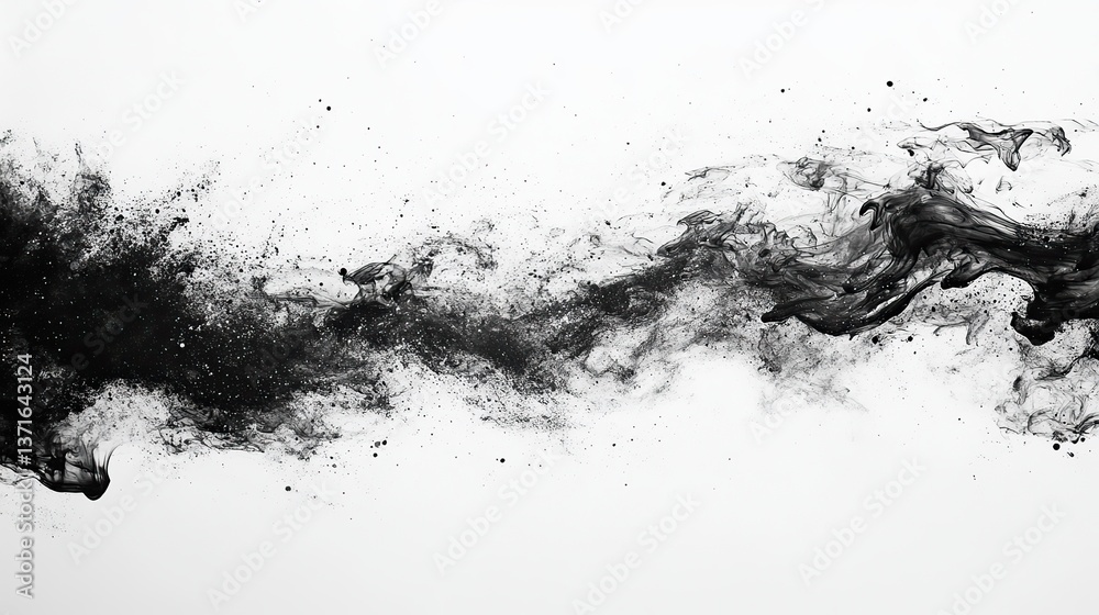 Small dark ink drops create a dynamic splash on a clean white background, forming an abstract pattern ideal for graphic design or artistic projects. Small dark ink drops create a dynamic splash on a clean white background, forming an abstract pattern ideal for graphic design or artistic projects.