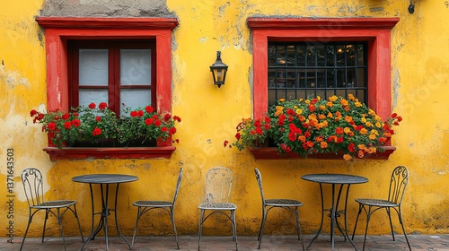 Small metal tables and chairs stand neatly arranged in front of a weathered yellow wall, creating a serene scene of anticipation for patrons.