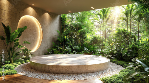 Modern Zen Garden Room with Tropical Plants and Round Platform
