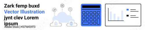 Cloud resources, a calculator, and a graph screen represent data analysis, finance, and productivity. Ideal for business strategy, cloud computing, finance, statistics data management reporting