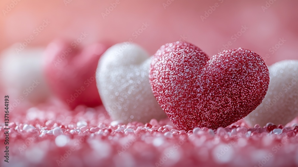 Obraz premium Small red and white hearts lie on a pink surface, a romantic background for Valentine's, Mother's Day, or spring.