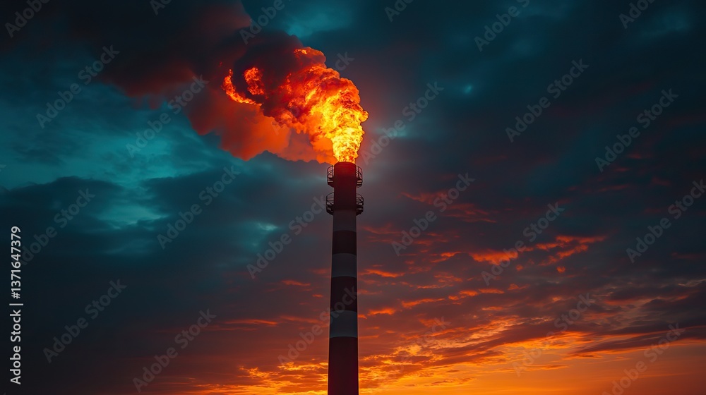 Fototapeta premium Smoke and flames from a chimney contrast a dark sky, highlighting pollution.