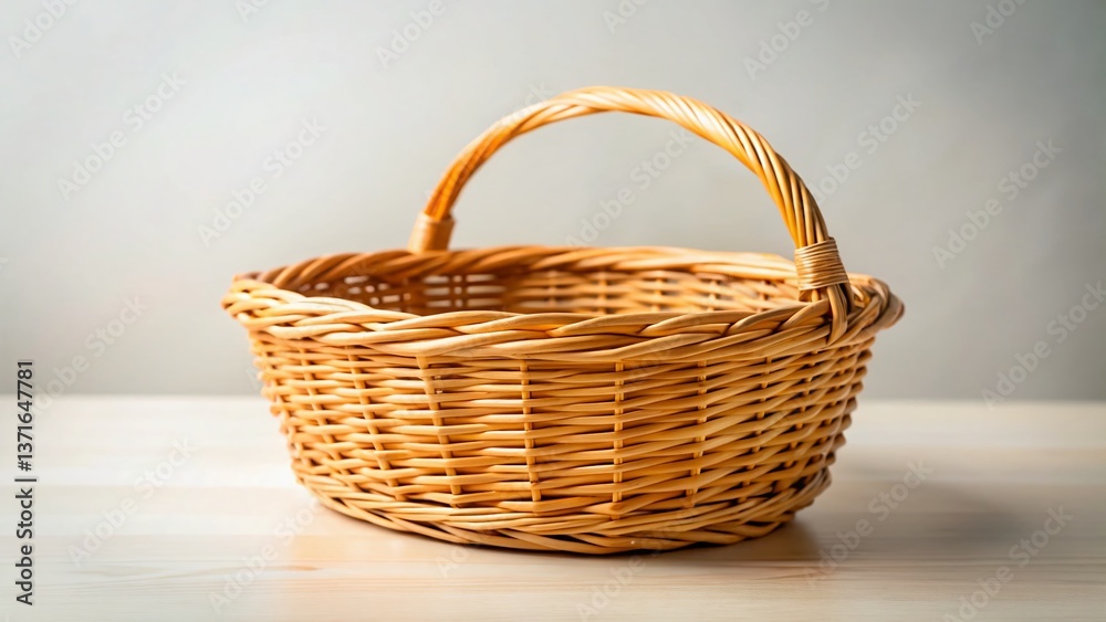 Obraz premium Light Brown Wicker Basket on White Background - Rustic Spring Summer Harvest Stock Photo