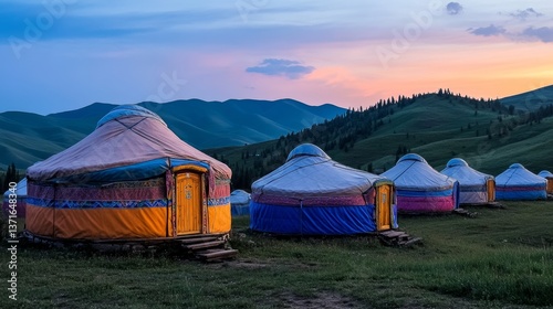 Twilight yurts in mountain range row of traditional nomad homes against colorful sunset sky rural living in highlands with mountainous background 