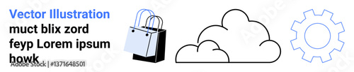 Shopping bag, cloud, and gear iconizing online shopping, cloud computing, and technological synergy. Ideal for e-commerce, digital transformation, innovation, business cloud storage IT solutions