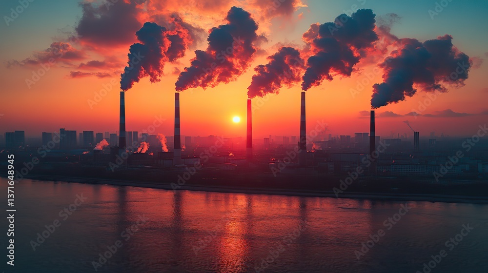 Obraz premium Smoke from industrial chimneys pollutes the air during a sunset, highlighting environmental damage from manufacturing.