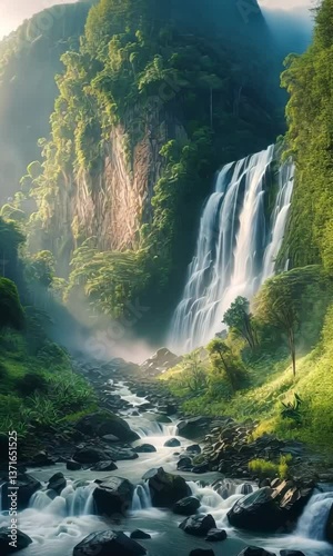 A beautiful waterfall flowing through the lush green forest and rocky landscape in Plitvice National Park, surrounded by mountains and nature’s serenity