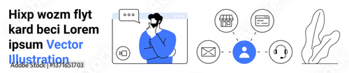Person thinking while connected to email, e-commerce, customer support, and other digital tools. Ideal for communication, business, IT services, e-learning, e-commerce networking simple landing