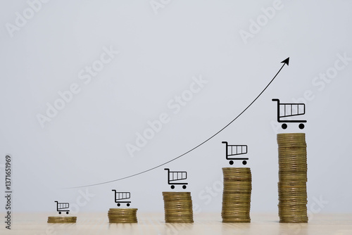 This image illustrates an upward trend in sales represented by shopping cart icons on ascending stacks of coins, symbolizing financial growth.