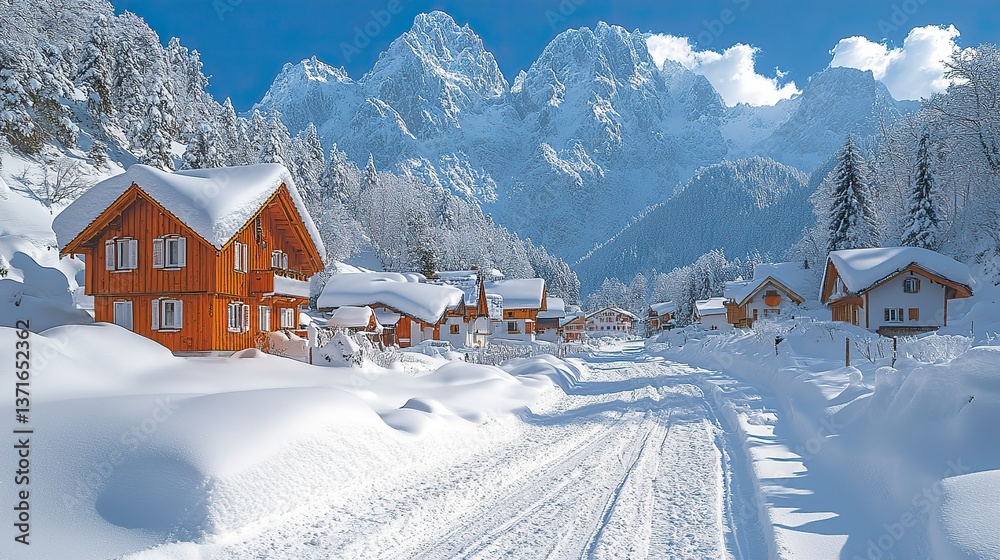 Fototapeta premium Snow blankets a picturesque alpine village nestled amidst frosted trees and snowcapped peaks under a vibrant blue sky, creating a serene and captivating winter scene.
