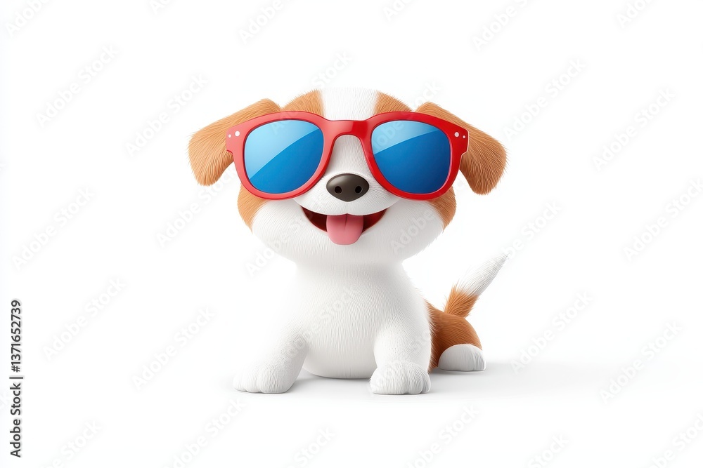 Fototapeta premium Cool puppy with red sunglasses. Cute cartoon dog character. Fun, playful animal, white background. Digital art.