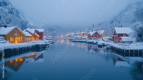 Snowcovered houses and buildings create a serene winter scene in a coastal town with calm waters reflecting soft morning light and gentle mist enhancing the tranquil atmosphere.