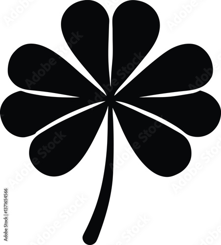 Simple black silhouette of a four-leaf clover, a symbol of luck and good fortune, perfect for St. Patrick’s Day or nature-related designs