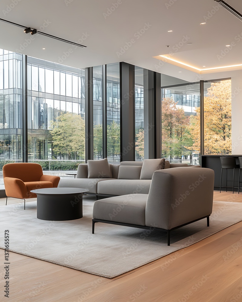 Obraz premium Corporate lounge area with stylish gray sofa, floor-to-ceiling glass walls, modern aesthetic, professional workspace