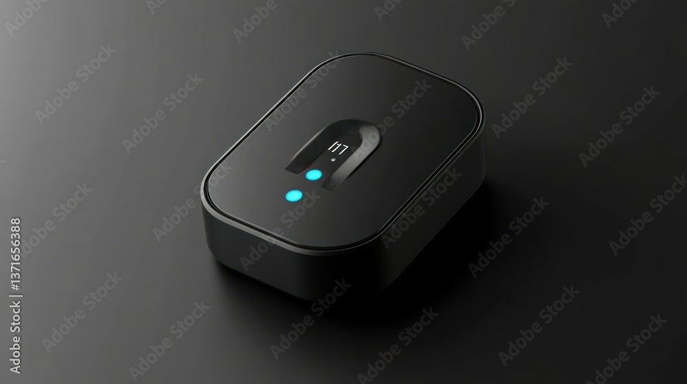 Minimalist image of a sleek, black digital device on a dark background. Minimalist image of a sleek, black digital device on a dark background.
