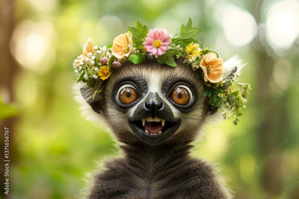 Fototapeta premium Cute baby animal lemur wearing feral flower wreath on its head. Dawn light. Summer happiness. Wildlife in a dreamy floral setting. Wild creature with a wreath. Natureâ€™s touch on a wild animal.