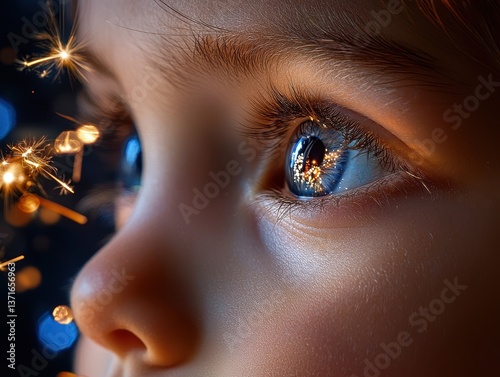 A child's face in close-up, with sparkling lights reflected in their blue eyes, creating a sense of wonder.