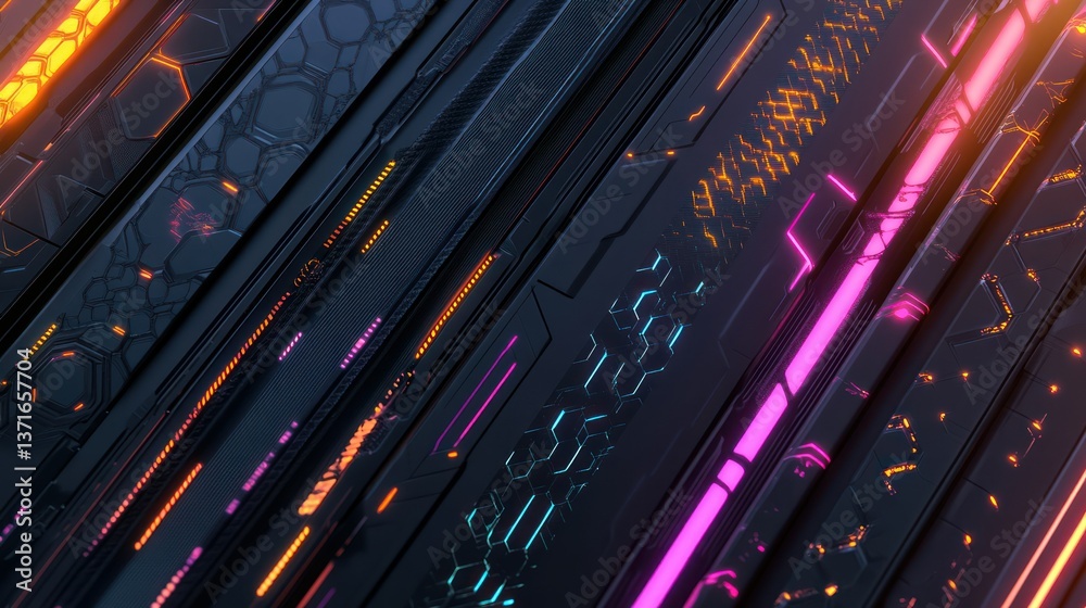 Obraz premium Abstract futuristic design with neon lights and geometric patterns.
